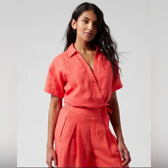 Athleta Women’s Tie Top Short Sleeve 100% Linen Borealis Green Size Large $79 - Picture 5 of 15